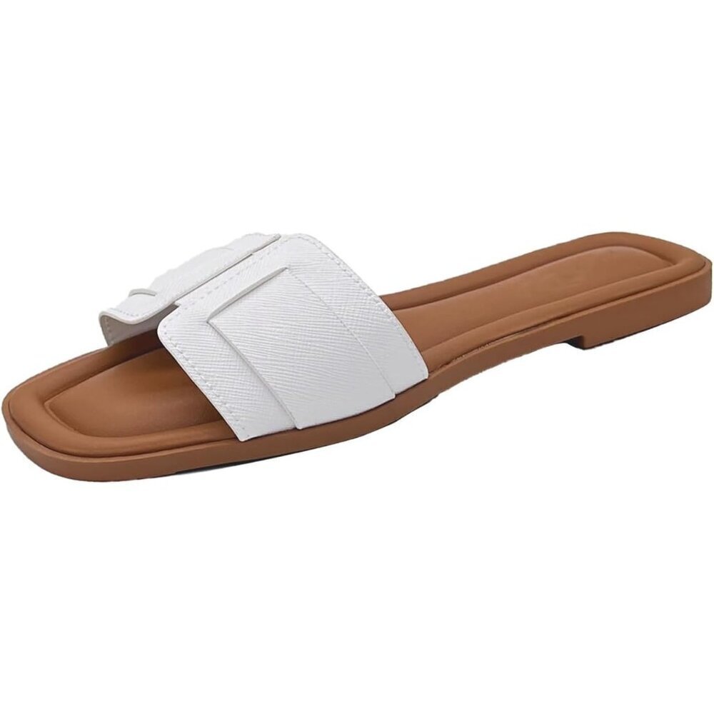 Womens White Faux Leather Open toe Breathable lightweight Flat Slide Sandals